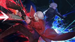 2boys black_coat black_pants blue_shirt coat commentary_request dante_(devil_may_cry) devil_may_cry_(series) devil_may_cry_5 drawing_sword dual_wielding grey_hair gun handgun highres holding holding_gun holding_sword holding_weapon katana kuroduki looking_at_viewer multiple_boys pants red_coat scabbard sheath shirt short_hair smile sword unsheathing vergil_(devil_may_cry) weapon white_hair