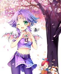 &gt;_&lt; ... 1boy 1girl :d ^^^ absurdres armlet artist_name bare_arms bone_earring bound bug cherry_blossoms cowboy_shot crop_top facial_mark falling_petals fang forehead_mark goat green_eyes gu_jingling gyaza hair_bun hair_intakes heart heart_hands highres impossible_clothes jewelry jian_xiake looking_at_viewer menghuan_xi_you midriff off_shoulder one_eye_covered open_mouth pants pants_under_skirt parted_bangs petals purple_hair purple_pants purple_shirt purple_skirt red_hair shirt short_hair skeletal_wings skirt skull_ornament smile solo_focus spider spoken_ellipsis stomach tied_up_(nonsexual) torn_wings tree waving_arms white_background wings