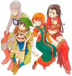 aira_(dq7) blue_eyes breasts curly_hair dragon_quest dragon_quest_vii dress full_body gabo hat hero_(dq7) highres hood kokuzoumushi long_hair looking_at_viewer maribel_(dq7) medium_breasts midriff multiple_boys multiple_girls navel red_hair short_hair sir_mervyn thighhighs