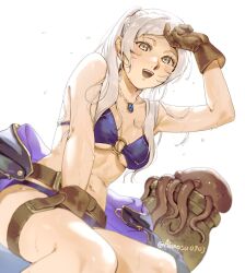 1girl :d abinosu0903 arm_up belt bikini braid breasts brown_belt brown_gloves cleavage collarbone commentary female_robin_(fire_emblem) female_robin_(seaside_tactician)_(fire_emblem) fire_emblem fire_emblem_awakening fire_emblem_heroes flower flower_necklace gloves highres jewelry knees long_hair medium_breasts navel necklace nintendo o-ring o-ring_bikini o-ring_top official_alternate_costume open_mouth purple_bikini simple_background sitting skindentation smile solo swimsuit teeth thighs tongue twintails underboob upper_teeth_only wet white_background white_hair