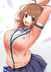 1girl ahoge arms_up blue_overskirt blue_ribbon blue_skirt blush breasts brown_cardigan brown_hair cardigan gakuen_idolmaster hanami_ume highres idolmaster large_breasts long_sleeves looking_at_viewer mappaninatta neck_ribbon pleated_skirt ribbon shirt skirt smile solo teeth upper_teeth_only white_shirt
