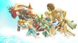 3boys 3girls absurdres beard bikini bikini_skirt blonde_hair blue_bikini blue_swim_trunks braid breasts brown_hair colored_skin crown_braid facial_hair fins green_skin hair_ornament hair_stick head_fins highres link madras male_swimwear medium_breasts medium_hair multiple_boys multiple_girls muscular muscular_male nintendo one-piece_swimsuit pointy_ears princess_zelda purah red_skin running short_hair sidon smile swim_trunks swimsuit tauro_(totk) the_legend_of_zelda the_legend_of_zelda:_tears_of_the_kingdom topless_male wading white_hair white_one-piece_swimsuit yona_(zelda) zora