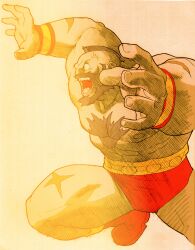 Rule 34 | 1boy, anger vein, angry, beard, bengus, brown eyes, brown hair, capcom, chest hair, facial hair, facing to the side, fighting stance, game cg, highres, male focus, marvel, marvel vs. capcom, marvel vs. capcom 2, mohawk, muscular, non-web source, official art, open hands, open mouth, scan, scar, sidelighting, simple background, small pupils, solo, street fighter, topless male, wrestler, wrestling outfit, zangief
