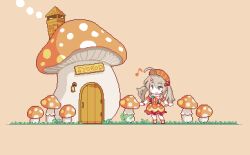 1girl ahoge animated animated_gif blinking bow brown_hair chibi chimney dancing door dress grass grey_hair hair_bow hair_ornament hairclip hoshi_syoko house idolmaster idolmaster_cinderella_girls idolmaster_cinderella_girls_starlight_stage light_brown_hair long_hair mushroom musical_note orange_dress orange_headwear orange_shoes outstretched_arms oyuzaki_(ayuzaki) pixel_art poison_mushroom shoes simple_background smile smoke solo spread_arms standing twintails wrist_cuffs