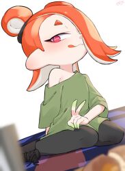 1girl alternate_color alternate_costume amakusa_setoka blush boots bread dutch_angle food hair_bun hair_over_one_eye highres looking_at_viewer nintendo octoling off_shoulder orange_hair red_eyes shiver_(splatoon) sitting smile solo splatoon_(series) splatoon_3 tentacle_hair tongue tongue_out v wariza