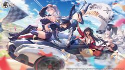 &gt;_&lt; 4girls ahoge animal_ears azur_lane back baltimore_(azur_lane) baltimore_(finish_line_flagbearer)_(azur_lane) bare_shoulders baseball_cap belt belt_pouch bikini black_bikini black_choker black_footwear black_gloves black_hair black_headwear black_jacket black_panties black_shorts black_thighhighs blue_bikini blue_headwear blue_jacket blue_shorts blue_sky blue_thighhighs boots breasts bridal_gauntlets brown_hair car checkered_flag chinese_commentary choker cleavage cleavage_cutout clothing_cutout cloud cloudy_sky commentary_request confetti contrail convertible copyright_name cropped_jacket crossed_bangs crossed_legs day dress driving elbow_gloves enterprise_(azur_lane) enterprise_(wind_catcher)_(azur_lane) eyewear_on_head eyewear_on_headwear falling flag fox_ears fox_girl fox_tail full_body gloves grey_belt gt-apex hair_between_eyes hair_through_headwear halter_dress halterneck hat high_heels high_ponytail highleg highleg_bikini highres jacket kitsune kyuubi lamborghini lamborghini_veneno large_breasts logo long_hair looking_at_viewer manjuu_(azur_lane) micro_shorts microskirt milestone_celebration miniskirt mismatched_bikini motion_blur motor_vehicle multiple_girls multiple_tails off_shoulder official_alternate_costume official_art on_car on_vehicle open_clothes open_jacket open_mouth outdoors panties panty_straps parted_lips partially_fingerless_gloves peaked_cap pleated_skirt ponytail pouch purple_eyes race_queen race_vehicle racecar red-tinted_eyewear red_eyes red_jacket shinano_(azur_lane) shinano_(moonlit_chrome)_(azur_lane) short_shorts shorts side_cutout side_ponytail sidelocks sitting sitting_on_car skirt sky smile sports_car steering_wheel strap_pull string_bikini sunglasses swimsuit taihou_(azur_lane) taihou_(enraptured_companion)_(azur_lane) tail teeth thigh_strap thighhighs thighhighs_under_boots thighs tinted_eyewear twitter_x_logo two-tone_headwear underwear unused_tire watermark wheel white_belt white_hair white_headwear white_tail windshield yellow_eyes zettai_ryouiki