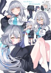 1girl absurdres black_choker black_jacket black_skirt black_socks blue_necktie blush breasts choker closed_mouth collared_shirt fins fish_tail grey_hair hair_between_eyes hair_flaps ham3c highres holding holding_stuffed_toy jacket large_breasts legs long_hair long_sleeves looking_at_viewer multiple_views necktie open_mouth pleated_skirt rurune_(vrchat) shark_tail shirt simple_background skirt smile smug socks stuffed_animal stuffed_shark stuffed_toy tail very_long_hair vrchat whale white_background white_shirt yellow_eyes