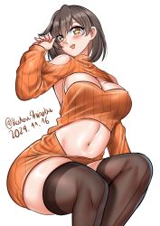 1girl absurdres black_thighhighs breasts brown_eyes brown_hair cleavage cleavage_cutout clothing_cutout dated dress feet_out_of_frame highres hiryuu_(kancolle) invisible_chair kantai_collection katou_shinobu large_breasts meme_attire navel navel_cutout orange_dress ribbed_dress short_hair sitting solo sweater sweater_dress thighhighs twitter_username virgin_killer_sweater