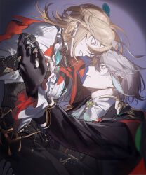 2boys alhaitham_(genshin_impact) black_gloves blonde_hair clothing_request commentary earrings feather_hair_ornament feathers from_side genshin_impact gloves grey_hair hair_ornament highres holding_hands jewelry kaveh_(genshin_impact) long_sleeves looking_at_another male_focus multiple_boys onononnu_u partially_fingerless_gloves red_eyes ring short_hair symbol-only_commentary teeth yaoi