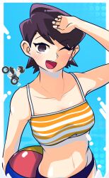 1boy 1girl ;d ball beachball bikini blush breasts collarbone commentary_request glasses helmet highres holding holding_ball holding_beachball husband_and_wife komi-san_wa_komyushou_desu komi_masayoshi komi_shuuko lecca_aisu looking_at_viewer mature_female medium_breasts motor_vehicle motorcycle motorcycle_helmet navel one_eye_closed open_mouth purple_eyes purple_hair riding short_hair smile solo_focus swimsuit