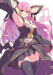 Rule 34 | 1girl, absurdres, ascot, black dress, black gloves, black thighhighs, blush, breasts, commentary request, dosolfachord coolia, dress, duel monster, elbow gloves, gloves, hair between eyes, hair ornament, highres, holding, holding staff, kanzakietc, large breasts, long hair, long sleeves, looking at viewer, musical note, musical staff, open mouth, pink hair, purple eyes, simple background, smile, solo, staff, thighhighs, thighs, very long hair, white ascot, white background, yu-gi-oh!
