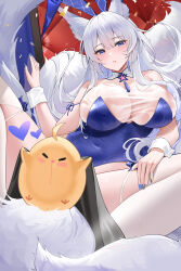 1girl animal_ears arm_ribbon aroused_nosebleed azur_lane bare_shoulders black_shoes blood blue_eyes blue_flower blue_leotard blue_nails blue_ribbon blunt_bangs breasts buttons censored collared_shirt commentary confetti covered_erect_nipples dot_nose expressionless extra_ears eyelashes fake_animal_ears floppy_ears flower fox_ears fox_girl fox_tail full_body hair_between_eyes hair_flower hair_ornament hand_on_own_thigh hashtag-only_commentary heart highres indoors large_breasts leotard light_particles lips long_hair manjuu_(azur_lane) multiple_tails nail_polish neck_flower neck_tattoo nosebleed official_alternate_costume parted_lips pink_lips playboy_bunny qing_wu rabbit_ears ribbon see-through_clothes see-through_shirt see-through_thighhighs shinano_(azur_lane) shinano_(visions_of_fantasy)_(azur_lane) shirt shoes sitting sleeveless sleeveless_shirt solo strapless strapless_leotard tail tattoo thighhighs very_long_hair watermark weibo_watermark white_hair white_shirt white_thighhighs white_wrist_cuffs wrist_cuffs x_anus