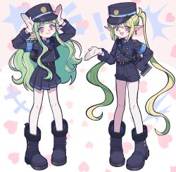 armband bag blonde_hair blue_archive boots buttons castussan commission commissioner_upload cosplay earrings fire_emblem fire_emblem_awakening gloves green_hair hat highres hikari_(blue_archive) hikari_(blue_archive)_(cosplay) jacket jewelry long_hair mother_and_daughter nah_(fire_emblem) nintendo non-web_source nowi_(fire_emblem) nozomi_(blue_archive) nozomi_(blue_archive)_(cosplay) pantyhose pointy_ears purple_eyes shorts shoulder_bag single_earring skirt tablet_pc white_gloves white_pantyhose