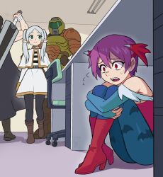 2boys 2girls absurdres animal_print anime_girl_hiding_from_a_terminator_(meme) armor bare_shoulders bat_print berserk black_cape blue_pantyhose boots bridal_gauntlets brown_boots cape capelet chair commentary constricted_pupils crossover darkstalkers demon_wings doom_(series) doomguy dragonslayer_(sword) elf english_commentary fangs flying_sweatdrops frieren green_eyes guts_(berserk) hair_between_eyes head_wings hiding high_heel_boots high_heels highres hugging_own_legs lilith_(darkstalkers) long_hair meme multiple_boys multiple_crossover multiple_girls office_chair open_mouth pantyhose pointy_ears power_armor purple_hair red_boots red_eyes scared short_hair skirt smile sousou_no_frieren swivel_chair sword teeth trait_connection twintails under_table watcher_hollow weapon white_capelet white_hair white_skirt wings