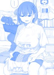... ai-chan&#039;s_sister_(tawawa) ai-chan_(tawawa) barefoot blue_theme braid breasts getsuyoubi_no_tawawa highres himura_kiseki holding holding_shirt holding_unworn_clothes indoors large_breasts looking_down monochrome open_mouth pants print_shirt shirt short_hair short_sleeves shorts siblings sisters sitting smile speech_bubble spoken_ellipsis t-shirt thighs thought_bubble unworn_shirt wariza