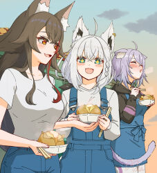 +_+ 3girls ahoge alternate_costume animal_ear_fluff animal_ears apron black_hair black_hoodie blue_apron blue_overalls blush breasts cat_ears cat_girl cat_tail chopsticks closed_eyes commentary_request food fox_ears highres holding holding_chopsticks holding_food hololive hood hoodie large_breasts long_hair looking_at_another looking_at_viewer mia960 multicolored_hair multiple_girls nekomata_okayu ookami_mio open_mouth outdoors overalls red_eyes shirakami_fubuki shirt signature sky smile streaked_hair tail virtual_youtuber white_hair white_shirt wolf_ears