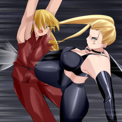 1boy 1girl blonde_hair boots cammy_white commission corruption covered_erect_nipples dark_persona femdom highres ken_masters pixiv_commission restrained reverse_ryona sin_(pixiv17875500) street_fighter tagme torture