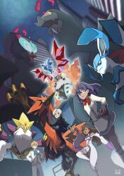 2boys 2girls absurdres alakazam baxcalibur braviary city cityscape dexio_(pokemon) dynamax furisode_girl_(pokemon) furisode_girl_blossom galarian_form galarian_zapdos gen_1_pokemon gen_4_pokemon gen_5_pokemon gen_8_pokemon glaceon highres hisuian_braviary legendary_pokemon mark331 mega_alakazam mega_evolution mega_pokemon multiple_boys multiple_girls night night_sky nintendo pokemon pokemon_(creature) pokemon_legends:_arceus pokemon_xy sina_(pokemon) sky terastallization volcarona zapdos