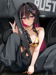 1girl absurdres alternate_costume asymmetrical_sidelocks azki_(hololive) bare_arms bare_shoulders bikini black_boots black_hair boots braid breasts bullet collarbone colored_inner_hair commentary_request double-parted_bangs fingernails flower_hairpin gold_bikini grey_pants gun hair_between_eyes hair_intakes half_up_braid highres holding holding_bullet holding_gun holding_weapon hololive knees_up lace-up_boots light_blush long_hair looking_at_viewer medium_breasts micon mole mole_under_eye multicolored_hair navel no_shirt pants pants_tucked_in pink_hair purple_eyes rifle rust_(game) scope sitting sitting_against_vehicle smile sniper_rifle solo spread_legs streaked_hair swimsuit teeth virtual_youtuber weapon white_hair