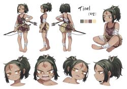 1girl anger_vein arm_wrap arrow_(projectile) barefoot bow_(weapon) breasts character_name cleavage color_guide hair_ornament hair_up hairclip highres holding holding_arrow kimsoing korean_text leg_wrap looking_at_viewer multiple_views orange_eyes original ponytail profile sarashi sitting sleeveless small_breasts smile standing sweatdrop tinel_(kimsoing) weapon white_background