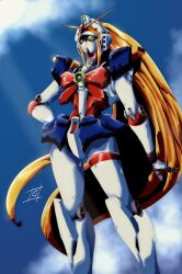 1990s_(style) 1girl absurdres blonde_hair blue_sky cloud commentary_request g_gundam gundam hand_on_own_hip highres mecha mecha_focus mobile_suit no_humans nobel_gundam retro_artstyle robot robot_girl science_fiction sind_ngmhn28 sky solo