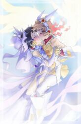 0x0023 2girls absurdres black_hair bodysuit breasts brown_hair closed_eyes hair_ornament headgear highres holding_hands kiss kohinata_miku medium_breasts multiple_girls orange_bodysuit senki_zesshou_symphogear short_hair tachibana_hibiki_(symphogear) x-drive_(symphogear) yuri