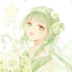 1girl blue_flower blunt_bangs bouquet braid character_request chinese_clothes chinese_commentary circlet collarbone commentary_request confeitoo facial_tattoo floating_hair flower flower_hairband flower_in_eye green_eyes green_flower green_hair green_hanfu green_rose green_theme hair_rings hanfu happy highres holding holding_bouquet light_blush light_particles lipstick long_hair long_sleeves makeup nikki_(series) open_mouth pink_lips rose shining_nikki single_hair_ring smile solo symbol_in_eye tattoo twin_braids upper_body white_background