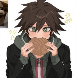 Rule 34 | 1boy, ahoge, black jacket, blush, brown hair, commentary, danganronpa: trigger happy havoc, danganronpa (series), english commentary, green eyes, green hoodie, hands up, hood, hoodie, jacket, long sleeves, naegi makoto, open clothes, open jacket, short hair, sleeves past wrists, solo, star (symbol), upper body, veggiemist, white background