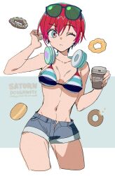 1girl acetylene-lamp amate_yuzuriha bikini blue_shorts breasts closed_mouth commentary cropped_legs cup denim denim_shorts disposable_coffee_cup disposable_cup donut english_text eyewear_on_head food green-tinted_eyewear green_background green_eyes gundam gundam_gquuuuuux hair_between_eyes hand_up headphones headphones_around_neck highres holding holding_cup large_breasts looking_at_viewer macaron navel one_eye_closed open_fly pon_de_ring red_hair short_hair short_shorts shorts solo striped_bikini striped_clothes sunglasses swimsuit tinted_eyewear two-tone_background white_background