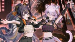 Rule 34 | 2girls, ;d, aerial fireworks, ahoge, alternate costume, alternate hairstyle, animal collar, animal ear fluff, animal ears, arm up, black collar, black gloves, black jacket, cat ears, cat girl, cat tail, center-flap bangs, collar, commentary, concert, crop top, cropped jacket, crossed bangs, double-parted bangs, elbow gloves, english commentary, fcjfior, fingerless gloves, fireworks, gloves, gradient hair, grey eyes, hair between eyes, hair ornament, hairclip, high ponytail, highres, holding, holding microphone, hololive, hololive english, jacket, long hair, looking at viewer, messy hair, microphone, midriff, multicolored hair, multiple girls, music, navel, nekomata okayu, ninomae ina&#039;nis, official art, one eye closed, open mouth, orange hair, outdoors, outstretched arm, parallel hairclips, pointy ears, ponytail, purple eyes, purple hair, second-party source, short-sleeved jacket, short sleeves, sidelocks, singing, smile, tail, tentacle hair, very long hair, virtual youtuber