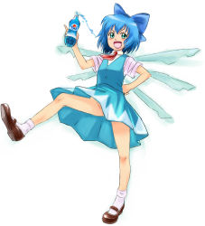 Rule 34 | 1girl, bottle, brown shoes, circled 9, cirno, cola, embodiment of scarlet devil, female focus, mary janes, no panties, note-takahashi, pepsi, pepsi blue, shoes, simple background, socks, soda, solo, spill, takahashi note, touhou, white background