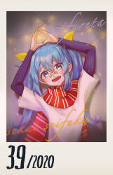 1girl 39 amd_aoneko arifureta_sekai_seifuku_(vocaloid) arms_up bandaid bandaid_on_face bandaid_on_nose blue_eyes blue_hair blush border commentary_request decorations double-parted_bangs hair_between_eyes hatsune_miku highres layered_sleeves long_hair long_sleeves looking_at_viewer open_mouth red_scarf scarf shirt short_over_long_sleeves short_sleeves solo striped_clothes striped_scarf twintails upper_body vocaloid white_border white_shirt