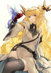 1girl absurdres arknights belt black_shirt blonde_hair braid chain cloak closed_mouth commentary creature crossed_legs dress feet_out_of_frame gloves grey_cloak grey_dress grey_thighhighs hashtag-only_commentary highres hood hood_down hooded_cloak horns jiusan_naitang leizi_(arknights) leizi_(the_archivist_and_her_pilgrimage)_(arknights) long_hair looking_at_viewer official_alternate_costume open_cloak open_clothes pointy_ears pouch red_gloves shirt smile solo thighhighs turtleneck turtleneck_shirt very_long_hair vial wide_sleeves