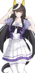 Rule 34 | 1girl, ahoge, animal ears, black hair, bow, bowtie, calstone light o (umamusume), commentary request, cowboy shot, ear covers, highres, horse ears, horse girl, horse tail, horseshoe ornament, long hair, looking at viewer, miya nns35, pleated skirt, puffy short sleeves, puffy sleeves, purple bow, purple bowtie, purple shirt, sailor collar, sailor shirt, school uniform, shirt, short sleeves, signature, simple background, skirt, solo, tail, thighhighs, tracen school uniform, umamusume, white background, white hair, white skirt, white thighhighs, yellow eyes