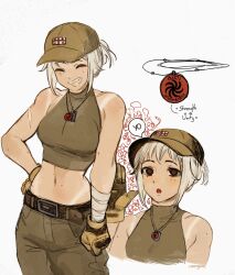 1girl bandaged_arm bandages breasts brown_gloves collared_halterneck commentary crop_top english_commentary georgia_(country) gloves grin halterneck hand_on_own_hip hat highres jewelry medium_breasts midriff mole mole_under_eye navel necklace nika_(usergore) original ponytail russo-ukrainian_war scar scar_on_arm shirt short_ponytail sleeveless sleeveless_shirt smile tan tanline toned turtleneck usergore