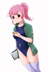1girl beleven blue_one-piece_swimsuit breasts clipboard competition_swimsuit green_jacket highres jacket kemono_friends long_hair looking_at_viewer medium_breasts nana_(kemono_friends) one-piece_swimsuit pink_hair ponytail purple_eyes simple_background solo standing stopwatch swimsuit thighhighs watch whistle whistle_around_neck white_background white_thighhighs