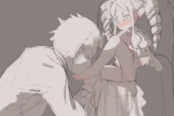 Rule 34 | 1boy, 1girl, absurdres, age difference, bare legs, barefoot, beatrice (re:zero), blush, dress, drill hair, embarrassed, feet, foot grab, foot worship, grey background, hair ornament, highres, kissing foot, kneeling, kochiruga, legs, long hair, looking at another, monochrome, natsuki subaru, panties, panty peek, re:zero kara hajimeru isekai seikatsu, short hair, shy, sidelocks, simple background, sitting, sketch, symbol-shaped pupils, teenage boy and younger girl, thighs, toes, twin drills, underwear