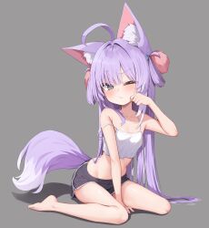Rule 34 | 1girl, absurdres, ahoge, animal ear fluff, animal ears, armpit crease, barefoot, black shorts, blue eyes, breasts, closed mouth, collarbone, commentary request, crop top, dolphin shorts, fox ears, fox girl, fox tail, full body, grey background, groin, hair ornament, hair rings, hand on own face, highres, invisible chair, korean commentary, long hair, looking at viewer, mannack, midriff, navel, one eye closed, pom pom (clothes), pom pom hair ornament, purple hair, shirt, shorts, sitting, small breasts, solo, stellive, strap slip, tail, tenko shibuki, very long hair, virtual youtuber, white shirt, yellow pupils