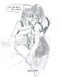 1futa 1girl assertive_female blush breasts drooling english_text erection erection_in_panties eye_contact futa_with_female futanari futanari_masturbation greyscale hand_on_another&#039;s_thigh highres honkai:_star_rail honkai_(series) kafka_(honkai:_star_rail) long_hair looking_at_another masturbation medium_breasts medium_penis monochrome no_pants open_mouth panties panties_around_leg penis sitting speech_bubble standing stelle_(honkai:_star_rail) talking the_eviltom trailblazer_(honkai:_star_rail) trembling twitter_username underwear yuri