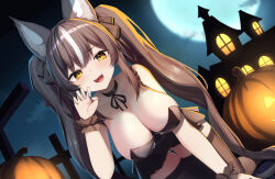 1girl absurdres animal_ear_fluff animal_ears bare_shoulders black_choker blush breasts brown_hair castle chisaka_airi choker cleavage commission cross gluteal_fold grave hair_between_eyes hair_ornament halloween highres jack-o&#039;-lantern large_breasts long_hair looking_at_viewer moon multicolored_hair nai_(cnoadi8) night night_sky open_mouth phase_connect pumpkin ribbon see-through_clothes skeb_commission skirt sky solo streaked_hair thigh_gap thighhighs tooth twintails two-tone_hair virtual_youtuber white_hair yellow_eyes