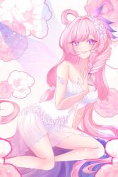 1girl bare_shoulders breasts collarbone commentary diamond-shaped_pupils diamond_(shape) dress elf elysia_(herrscher_of_human:_ego)_(honkai_impact) elysia_(honkai_impact) english_commentary fairy_wings floral_background flower hair_flower hair_ornament highres honkai_(series) honkai_impact_3rd illestfairys large_breasts long_hair official_alternate_costume pink_hair pointy_ears purple_eyes smile solo symbol-shaped_pupils thighs twitter_username very_long_hair white_dress wings