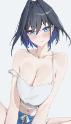1girl :3 absurdres bare_arms between_legs black_hair blue_eyes blue_hair blue_shorts breasts camisole cleavage closed_mouth colored_inner_hair commentary crop_top english_commentary fanged_bangs grey_background hair_between_eyes hair_flaps hair_intakes hand_between_legs highres hololive hololive_english large_breasts looking_at_viewer midriff multicolored_hair navel ouro_kronii short_hair shorts simple_background solo straight-on strap_slip two-tone_hair virtual_youtuber white_camisole yoellim5