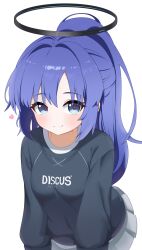 1girl absurdres black_shirt blue_archive blue_eyes blue_hair blush breasts closed_mouth commentary_request grey_skirt hair_between_eyes hair_intakes halo heart highres long_hair medium_breasts parted_bangs pleated_skirt ponytail shirt simple_background skirt smile solo sprout_(haji_s) very_long_hair white_background yuuka_(blue_archive)