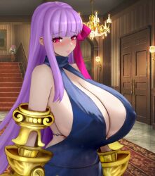 1girl backless_dress backless_outfit bare_shoulders blue_dress blush breasts claw_(weapon) cleavage dress fate/grand_order fate_(series) hair_ribbon highres huge_breasts long_hair looking_at_viewer passionlip_(fate) pink_eyes pink_ribbon purple_hair raskasar ribbon sideboob very_long_hair weapon