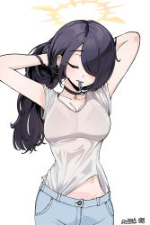 1girl adjusting_hair alternate_costume arms_up black_hair blue_archive breasts cleavage closed_eyes commentary_request denim grey_pants halo highres hinata_(blue_archive) jeans korean_commentary large_breasts long_hair matlink midriff_peek pants simple_background solo white_background winged_halo yellow_eyes