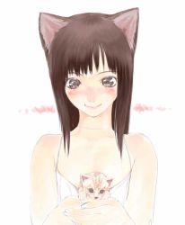 1girl animal_ears blush brown_eyes brown_hair camisole cat cat_ears es es_(cah60700) female_focus flat_chest long_hair original smile solo