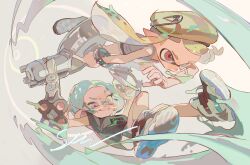2girls absurdres acuteghost beret black_shirt black_shorts blonde_hair blue-framed_eyewear blue_hair bracelet braid commentary_request dual_wielding full_body glasses grin hat hat_pin high_tops highres holding holding_weapon inkling inkling_girl inkling_player_character jewelry long_hair multiple_girls nautilus_(splatoon) nintendo octoling octoling_girl octoling_player_character parted_bangs pointy_ears purple_eyes red_eyes semi-rimless_eyewear shirt shoes short_hair shorts single_braid smile sneakers splatoon_(series) t-shirt tank_top tentacle_hair tetra_dualies_(splatoon) under-rim_eyewear weapon white_shoes white_tank_top yellow_hat