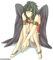 aqua_eyes bare_shoulders black_hair black_wings fire_emblem fire_emblem:_radiant_dawn green_eyes green_hair hands_together kosatobako laguz_(race) long_hair nintendo pants shoes sitting vika_(fire_emblem) wings