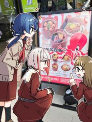 3girls :d aqua_neckerchief black_choker black_gloves black_socks blue_eyes blue_hair blue_ribbon bob_cut braid brown_cardigan brown_dress brown_hair cardigan center-flap_bangs choker commentary_request dollchestra dress gloves grey_hair hair_ribbon half_gloves hand_on_own_chin hasu_no_sora_school_uniform highres inverted_bob kachimachi_kosuzu kanduki_kamibukuro kobe link!_like!_love_live! long_hair long_sleeves love_live! low_twintails medium_dress menu_board multicolored_hair multiple_girls murano_sayaka neckerchief open_cardigan open_clothes open_mouth outdoors photo_background photo_bashing pleated_dress red_hair red_neckerchief ribbon sailor_collar sailor_dress school_uniform short_eyebrows short_hair side_braids smile socks sparkle squatting standing streaked_hair stroking_own_chin twintails v-shaped_eyebrows virtual_youtuber white_sailor_collar winter_uniform yugiri_tsuzuri
