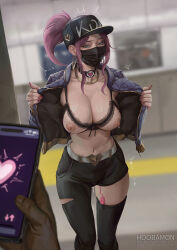1boy 1girl akali baseball_cap belt black_choker black_mask blue_eyes bra cellphone choker cropped_jacket cupless_bra dark-skinned_male dark_skin hat heart heart_choker high_ponytail highres holding holding_phone hoo_bamon k/da_(league_of_legends) k/da_akali league_of_legends mask mouth_mask nipples official_alternate_costume phone ponytail pov pov_hands public_indecency public_vibrator purple_hair pussy_juice sex_toy single_thighhigh smartphone solo_focus standing thighhighs trembling underwear vibrator vibrator_cord vibrator_in_thighhighs white_belt